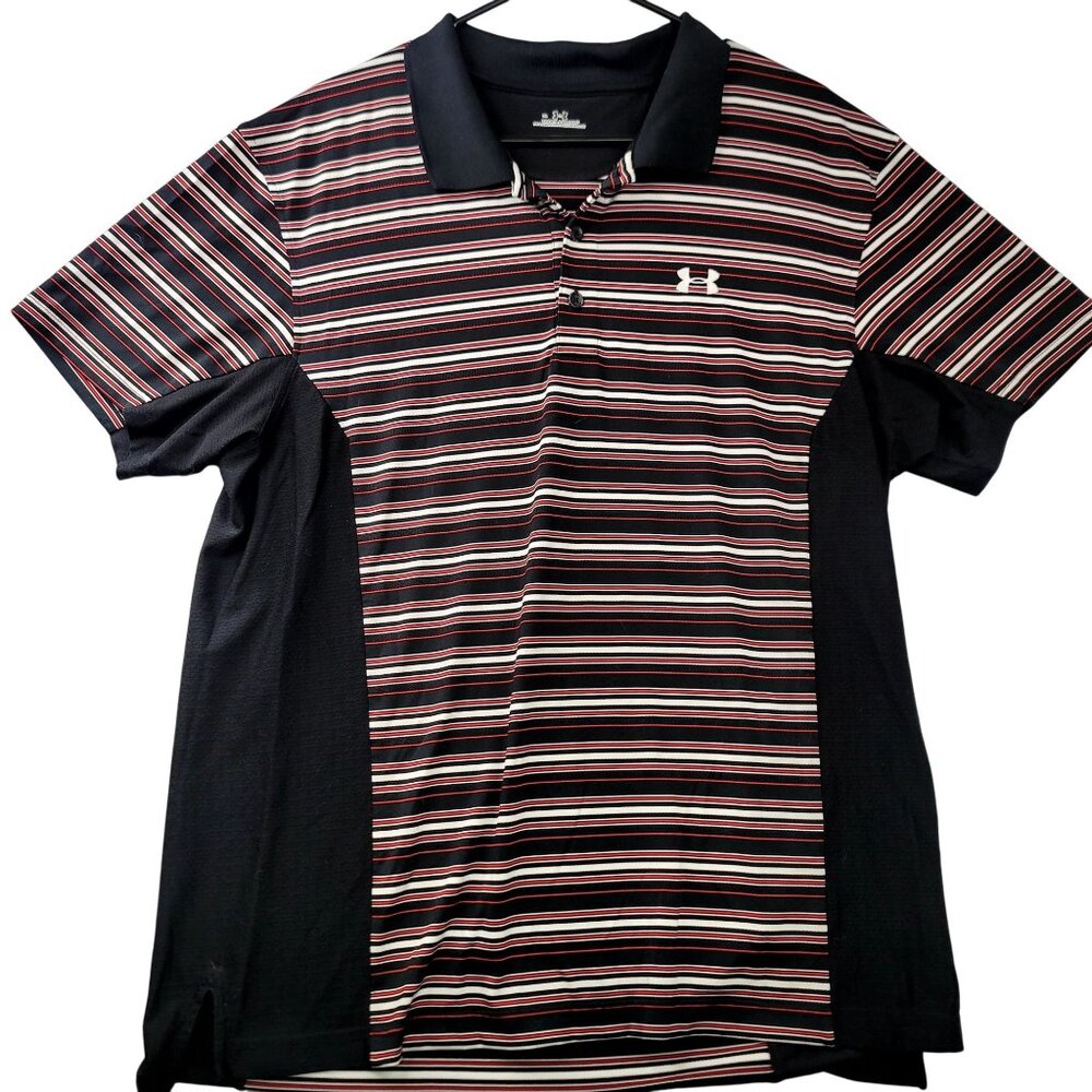 Under Armour Mens XL Striped Polo Shirt Black Red Performance Golf Apparel